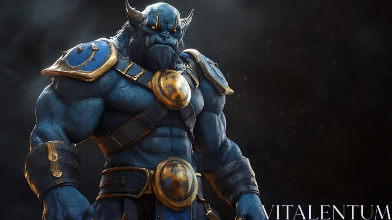 Blue humanoid warrior figure stands in detailed armor