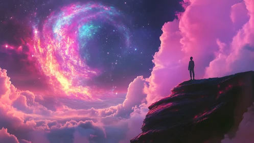 Silhouette on cliff facing swirling cosmic sky portal.