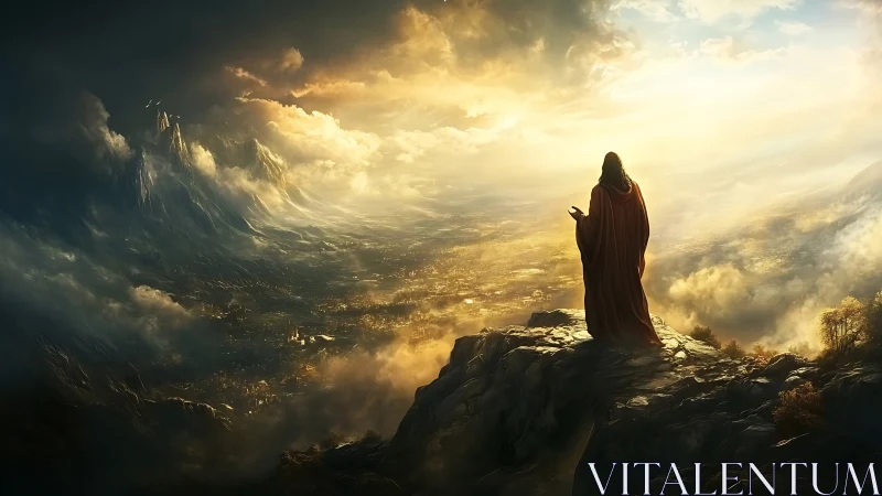 Robed figure stands on cliff edge above glowing valley