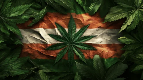 Cannabis leaf overlays weathered tricolor flag background