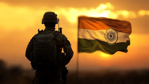 Backlit Indian soldier silhouette facing flag at warm sunset sky