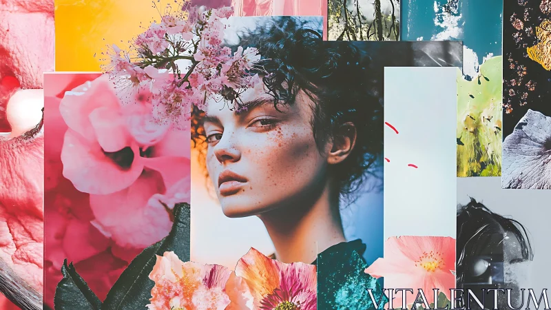 Layered portrait collage with floral and abstract panels.