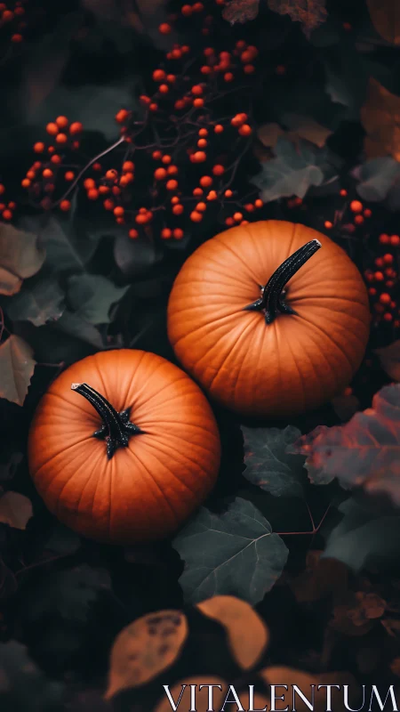 Warm autumn pumpkins rest among dark leaves and berries