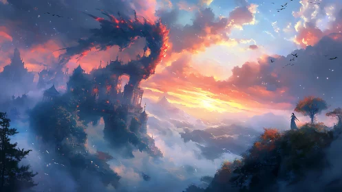 Fiery dragon guards a misty sky castle at blazing dawn