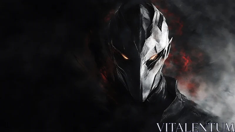 Armored dark warrior portrait in smoke and ember haze.