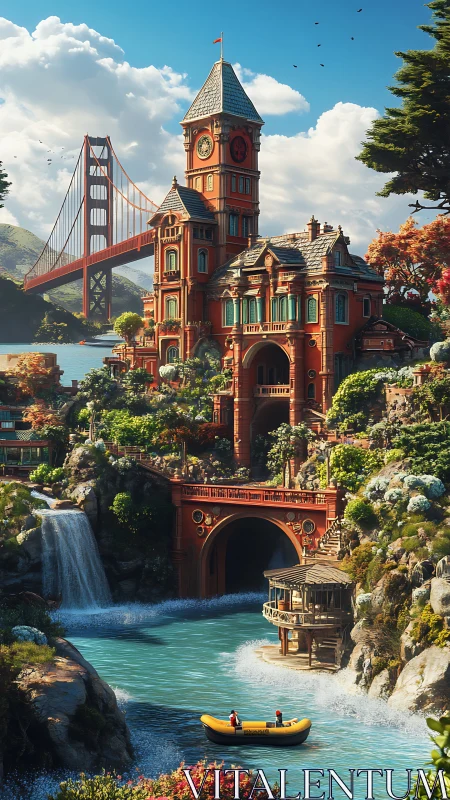 Riverside tower complex with bridge and raft in sunlight.