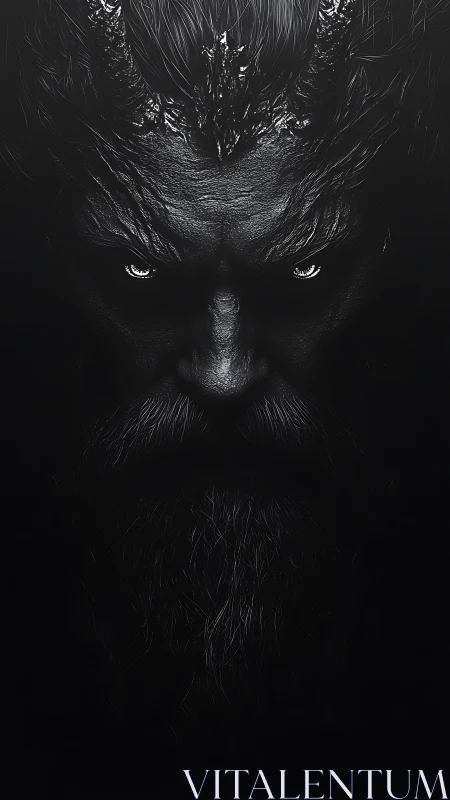 Monochrome demonic portrait in high-contrast digital painting.