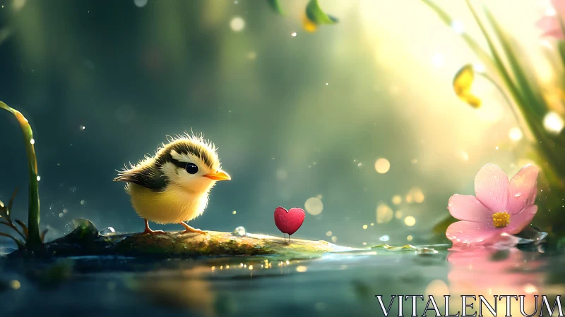 Small songbird beside red heart and pink flower by water.