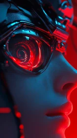 Cybernetic gaze in neon red and teal close-up portrait.
