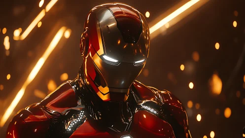 Highly reflective red armored exosuit under dynamic bokeh lighting