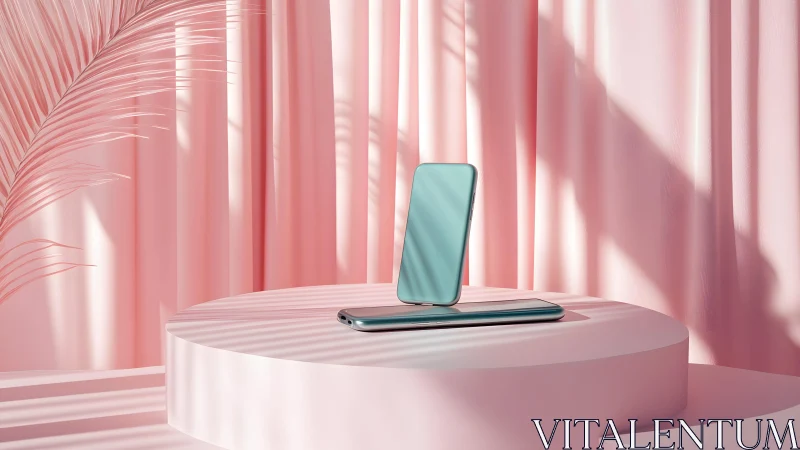 Modern smartphone display on pastel pink podium with soft light.