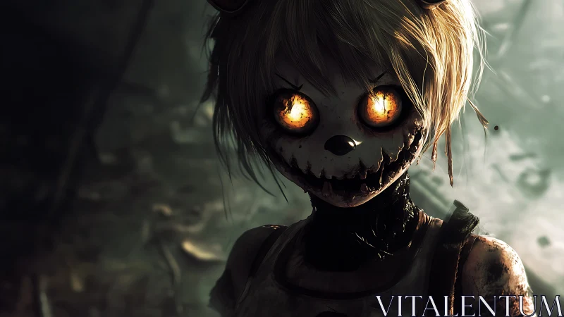 Haunting doll girl with glowing eyes in eerie shadows.