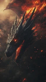 Inferno-crowned dragon king emerging from ember-choked dusk.