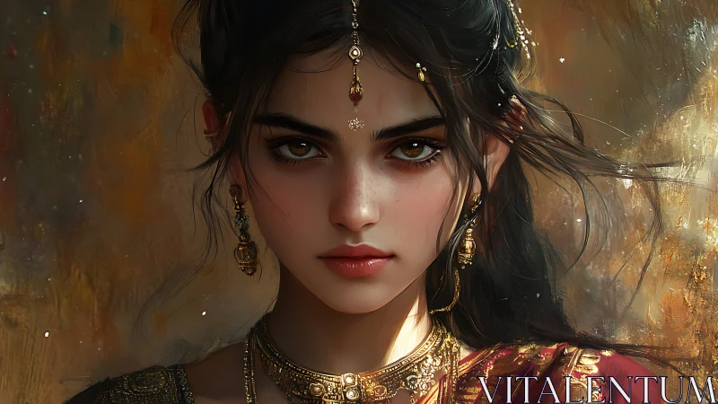 Golden gaze of a regal woman in ornate festival finery.