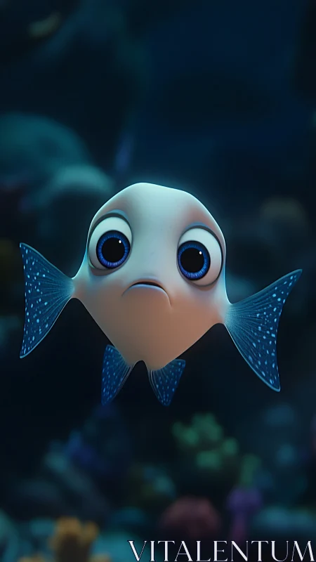 3D stylized baby fish portrait with deep-sea lighting.