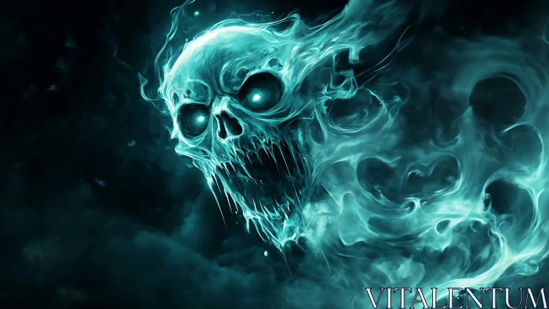 Spectral turquoise skull emerging in swirling ghostly smoke.