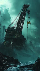 Derelict industrial crane over flooded toxic ship graveyard