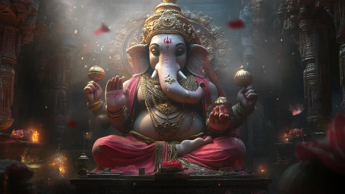 3D-rendered Ganesha idol in ornate low-lit temple interior.