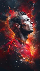 Dynamic digital portrait of male athlete in fiery colors.