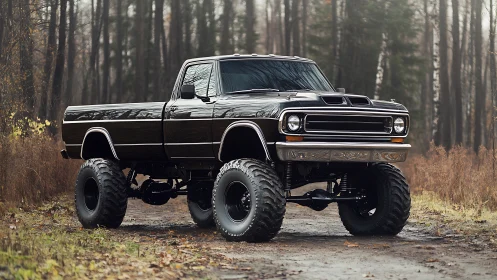 Lifted black pickup truck stands on forest dirt track