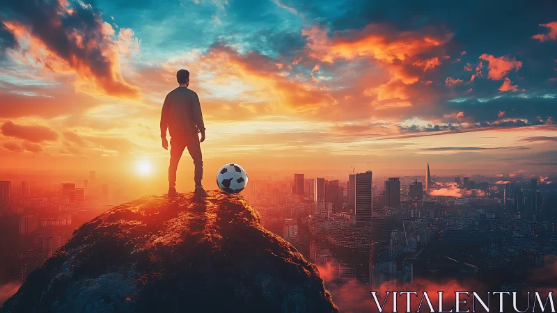 Sunset city skyline watched by lone man and football.