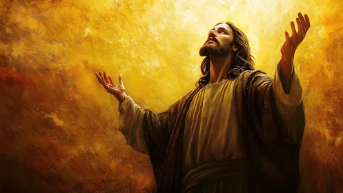 Radiant robed figure reaching toward a glowing golden sky.