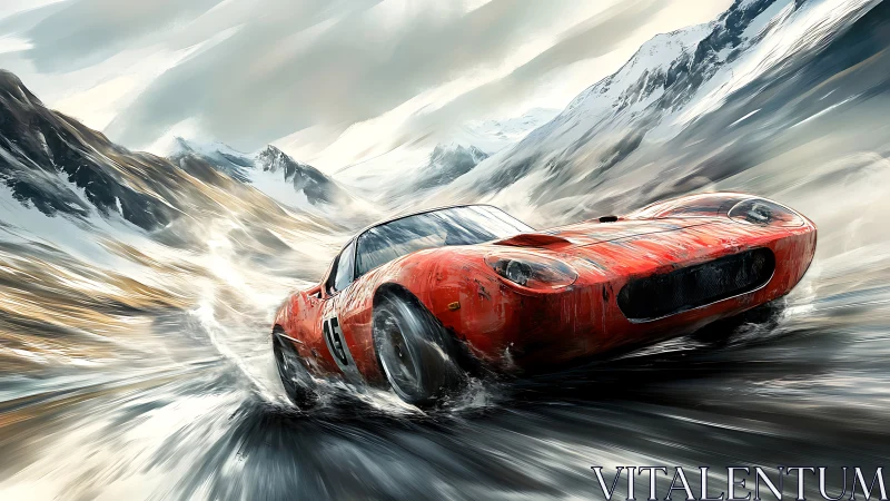 Red sports car racing through wild snowy mountain curves.