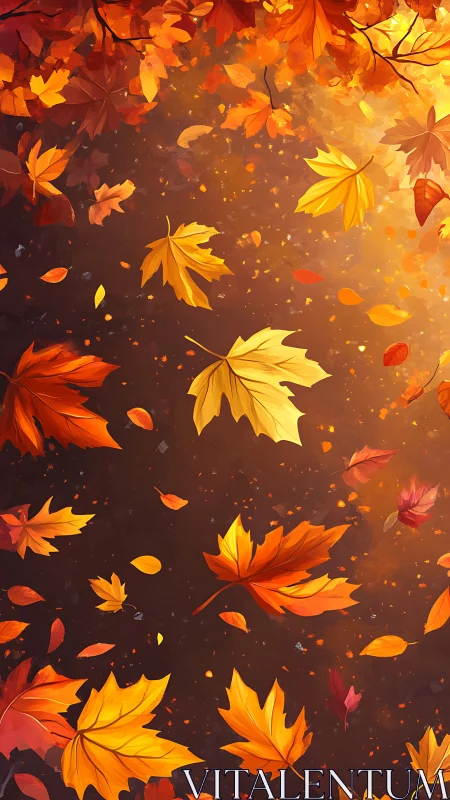 Autumn maple leaves swirling in warm golden backlight.