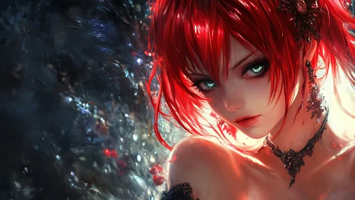 Crimson haired enchantress with luminous turquoise eyes portrait.