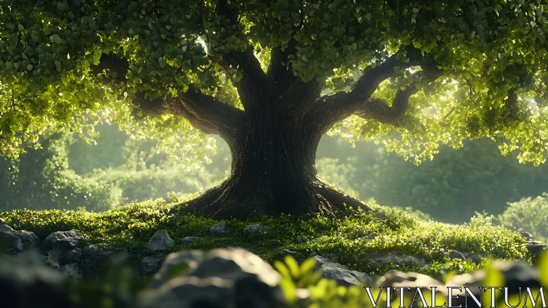 Large deciduous tree stands centered in diffuse forest light