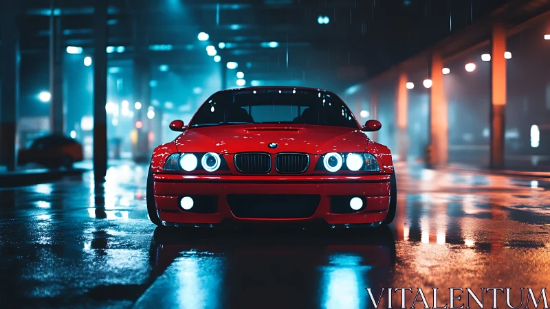 Crimson street racer idling under neon rainlight hush.