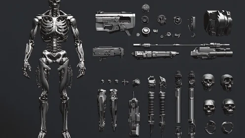 Robotic metal skeleton with disassembled weapons and skulls