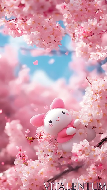 Kawaii bunny mascot nestled in dense cherry blossom canopy
