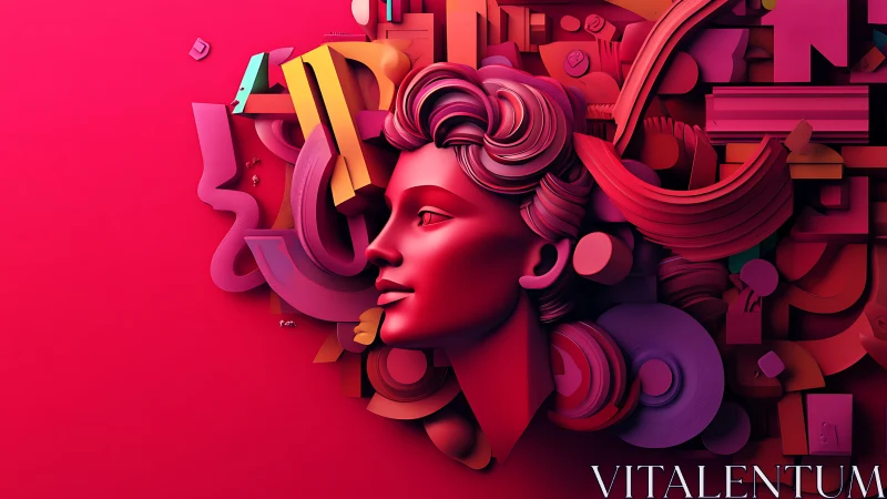 Sculpted crimson muse drifts through geometric daydreams