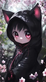 Cat-eared anime child in black cloak under cherry blossoms.