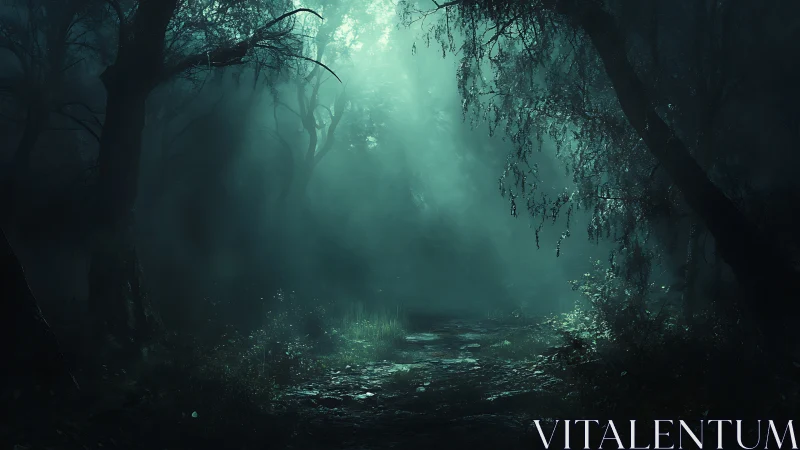 Dark misty forest path under narrow beam of pale light.