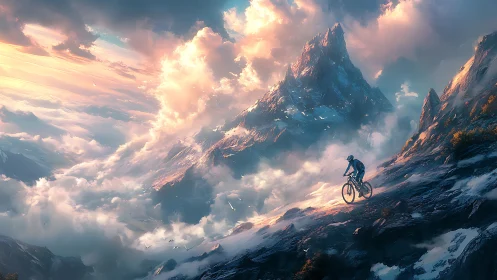 High-altitude cyclist traversing luminous alpine cloud ridge.