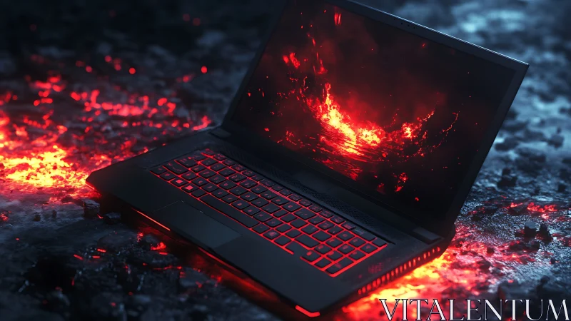 Gaming laptop on volcanic terrain with red backlit keyboard