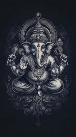Intricate monochrome Ganesha illustration radiates divine calm
