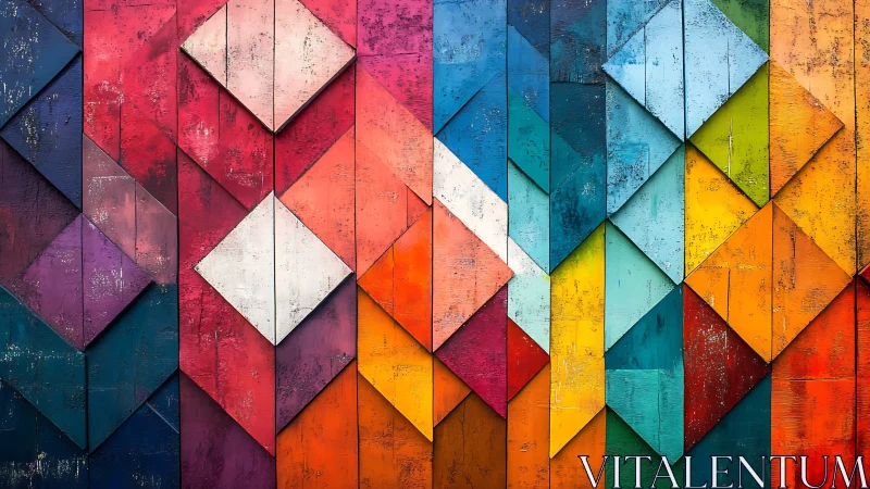 Geometric wooden panels form a multicolored abstract wall