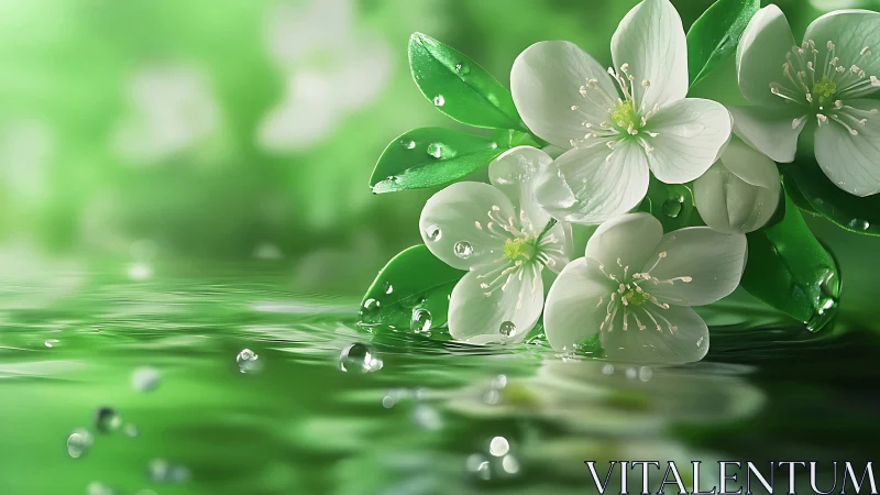 White spring blossoms with dew drops in soft green light.