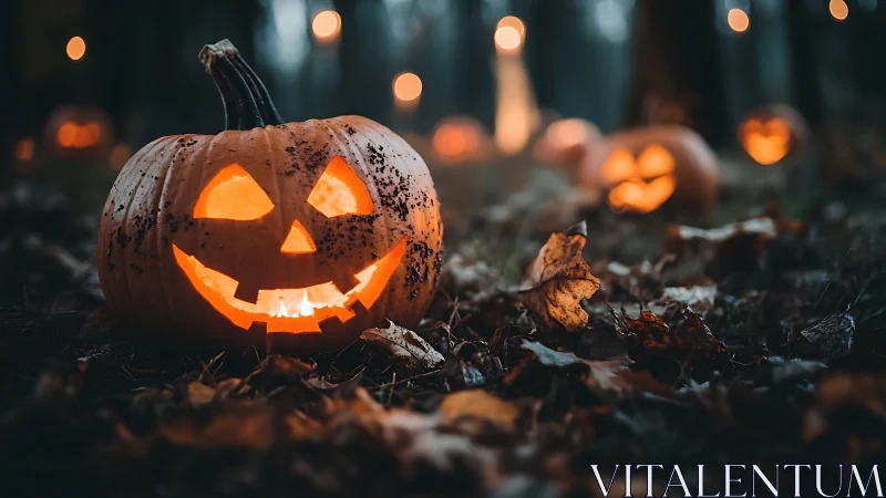 Illuminated jack o lanterns arranged on forest floor at dusk.