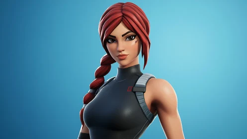 3D red haired game heroine in tactical black suit portrait.