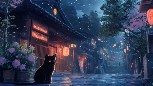 Midnight alley with black cat and glowing lanterns under sakura.