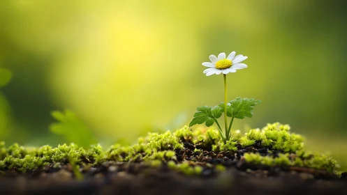 Photorealistic macro daisy emerging from mossy forest floor.