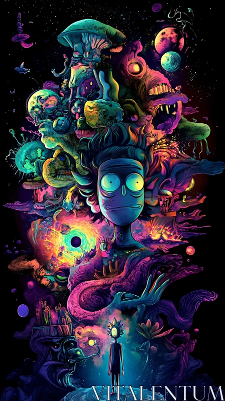 Cosmic cartoon wanderer confronts a swirling neon multiverse