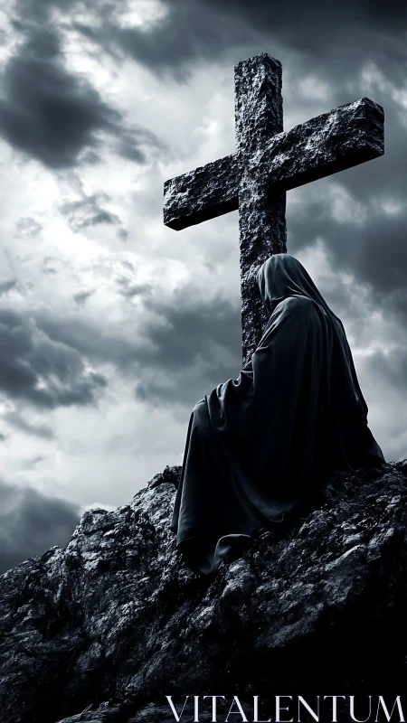 Quiet hooded figure resting by a weathered stone cross.