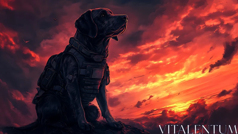 Armored working dog silhouettes against highly saturated sunset sky