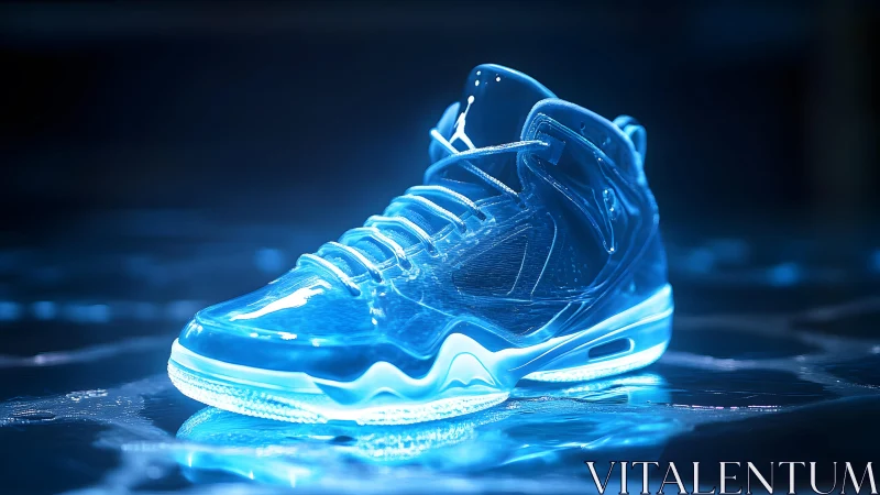 Futuristic glowing sneaker rendered in neon blue digital art style.