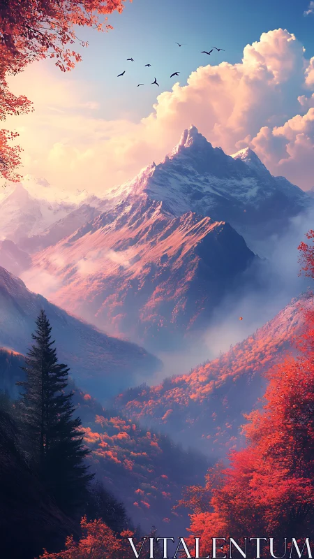 Autumn ember valley beneath cotton-crowned peaks at dawn.